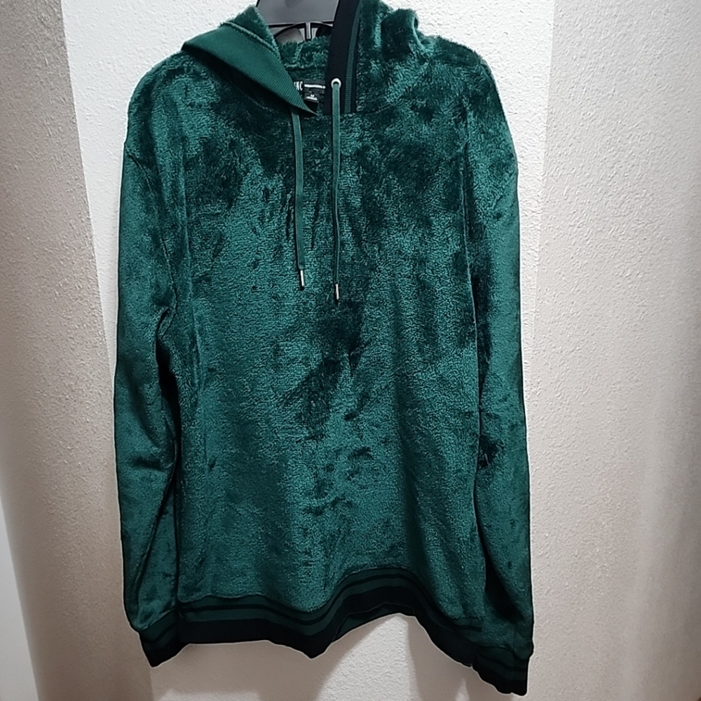 INC men's fuzzy velour hoodie M green banded wrist and hipsf
